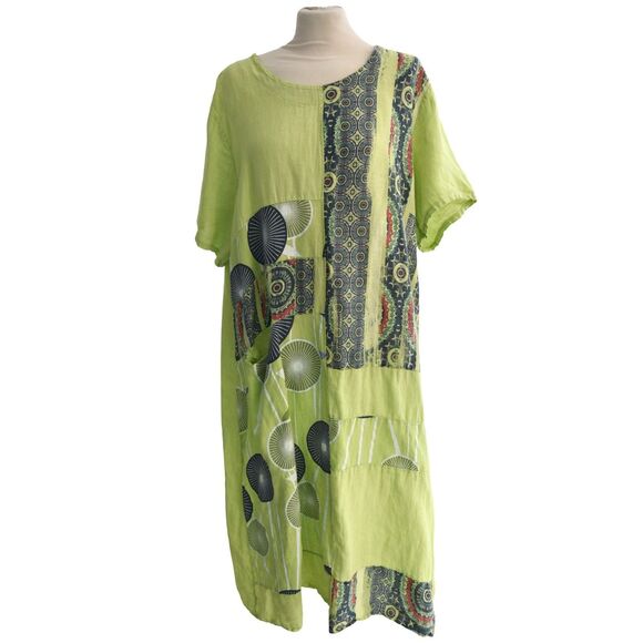 Made in Italy 100% Linen Patchwork Print Duster Dress Green Artsy Boho Oversized - Picture 2 of 10